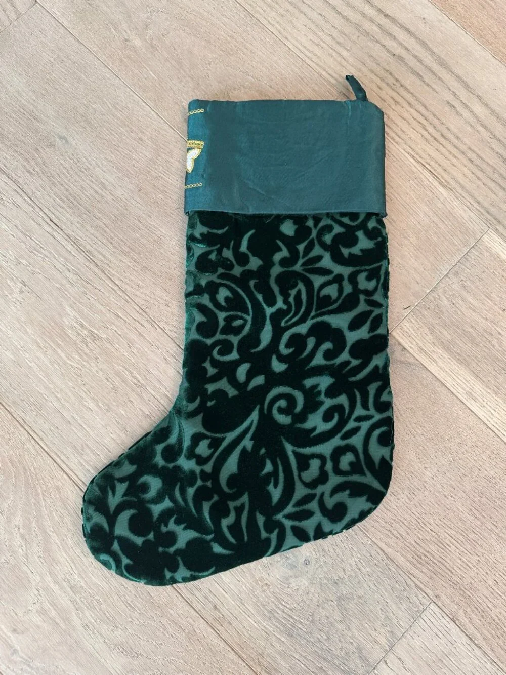 Green Velvet Christmas Stocking With Gold Embroidery